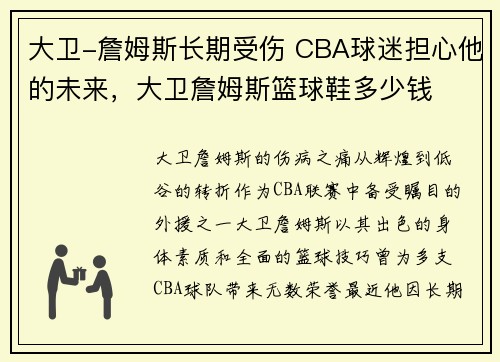 大卫-詹姆斯长期受伤 CBA球迷担心他的未来，大卫詹姆斯篮球鞋多少钱