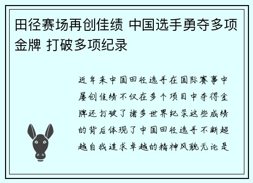 田径赛场再创佳绩 中国选手勇夺多项金牌 打破多项纪录