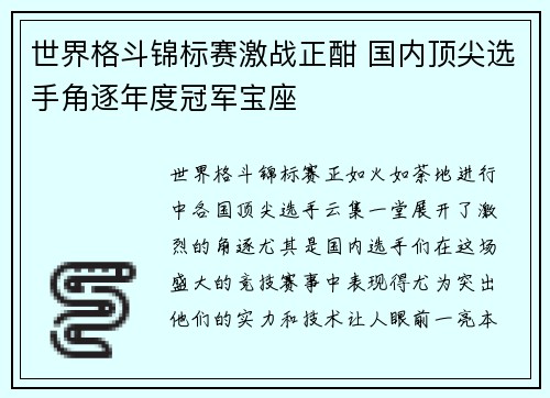 世界格斗锦标赛激战正酣 国内顶尖选手角逐年度冠军宝座