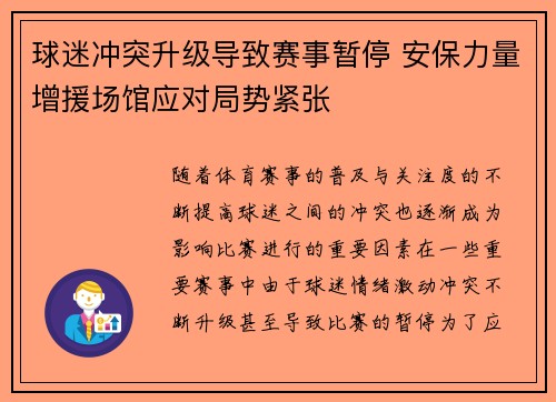 球迷冲突升级导致赛事暂停 安保力量增援场馆应对局势紧张