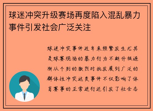球迷冲突升级赛场再度陷入混乱暴力事件引发社会广泛关注
