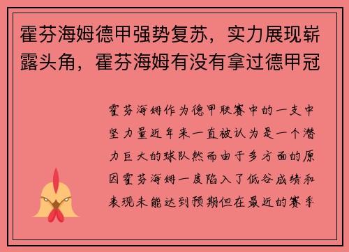霍芬海姆德甲强势复苏，实力展现崭露头角，霍芬海姆有没有拿过德甲冠军
