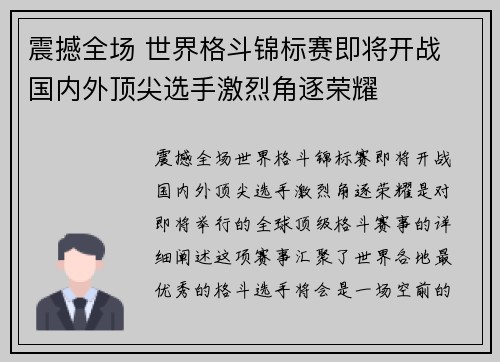 震撼全场 世界格斗锦标赛即将开战 国内外顶尖选手激烈角逐荣耀